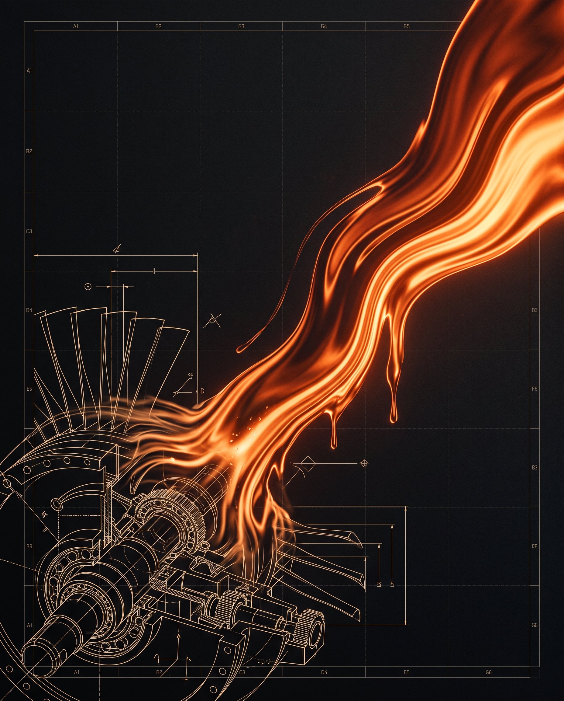 Technical blueprint morphing into molten metal — engineering becoming design